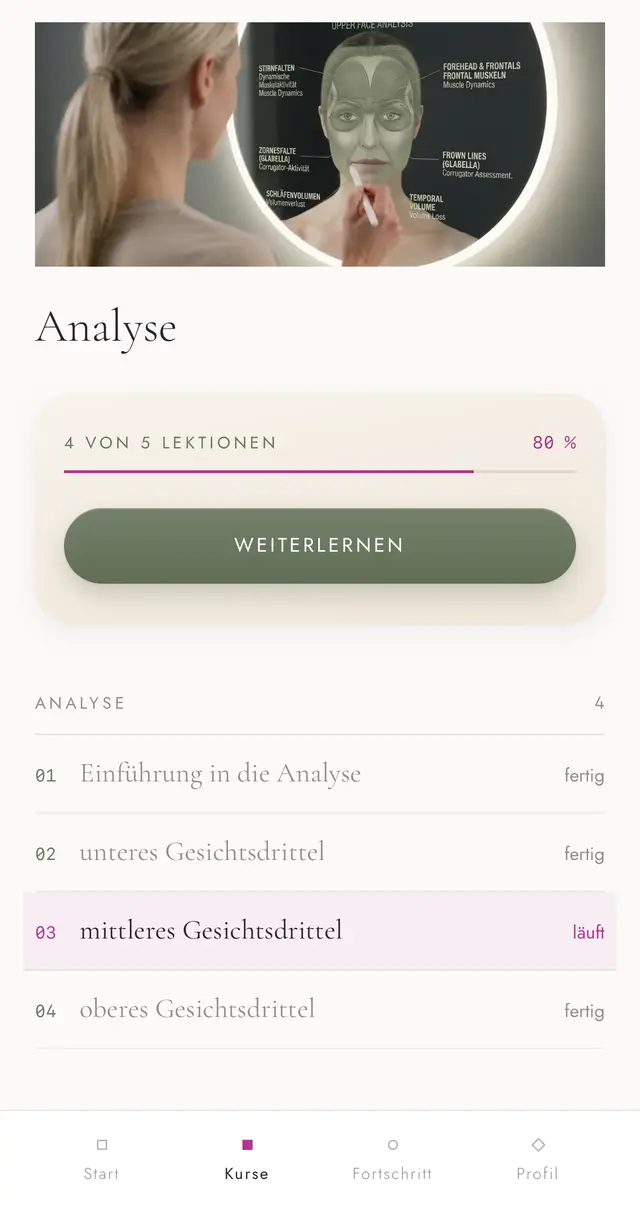 Die L·N·A App: das geöffnete Modul Analyse, vier von fünf Lektionen erledigt, Knopf Weiterlernen